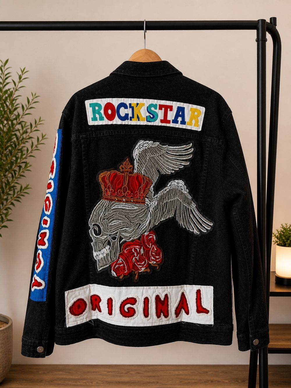 Black Embroidered 'Rockstar Original' Skull Denim Jacket